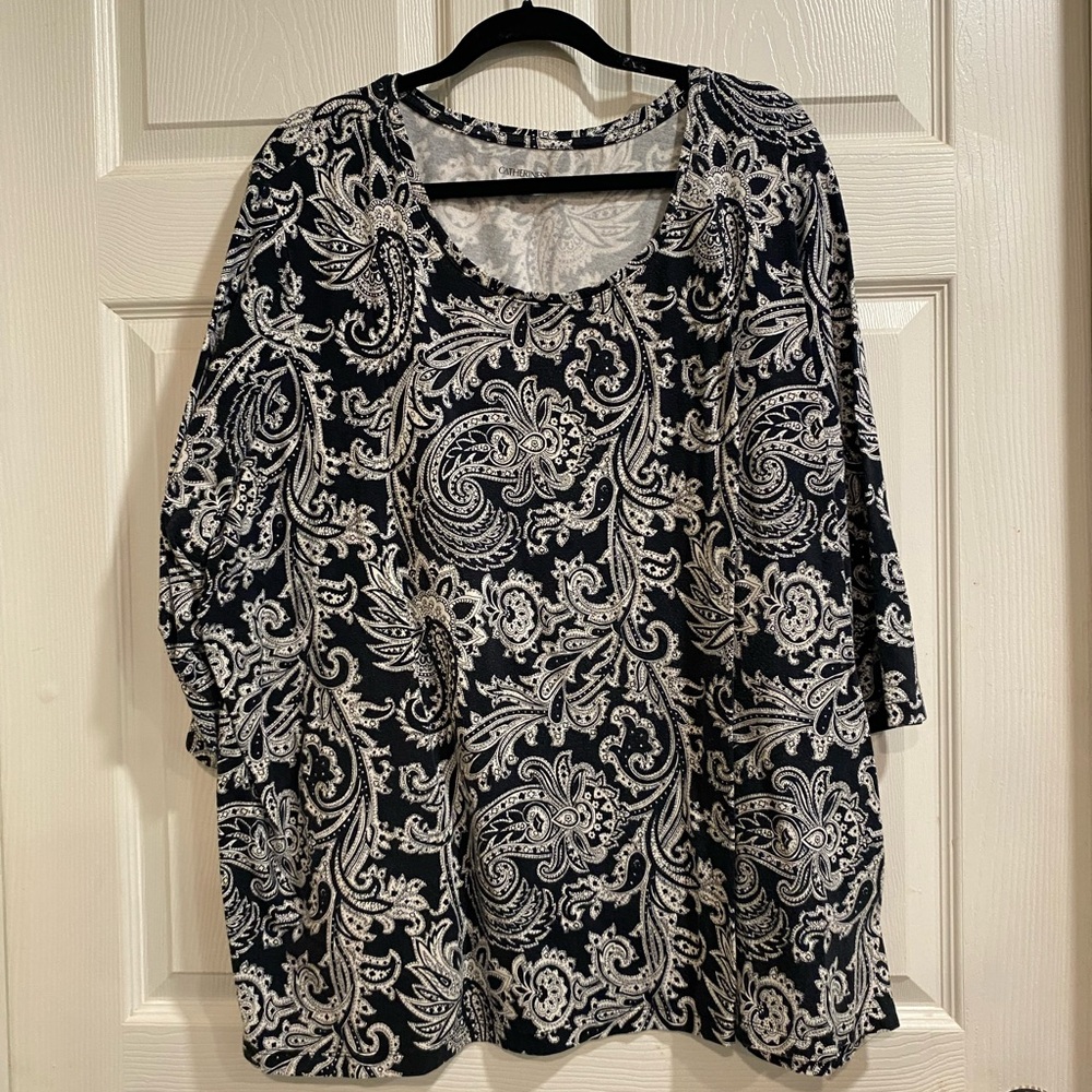 Catherines Black and White Boxy Blouse with Paisley Print